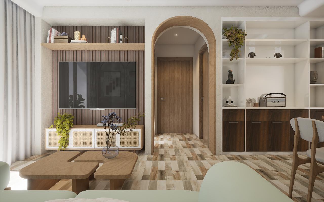 Brown wood laminate with suede finish and wood grain texture used on wall panels and floor tiles in modern living room