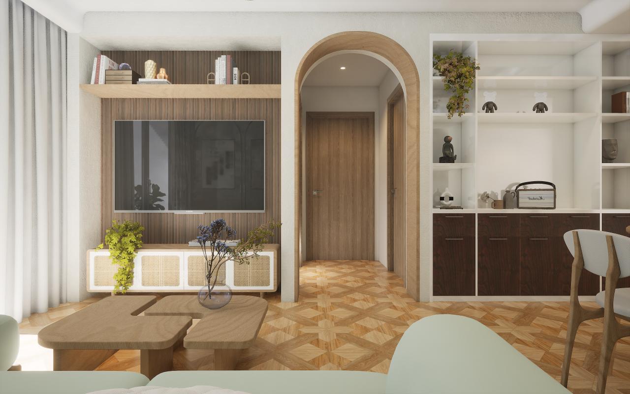 Wenge wood laminate with suede finish and wood grain texture used in modern living room with geometric patterned floor