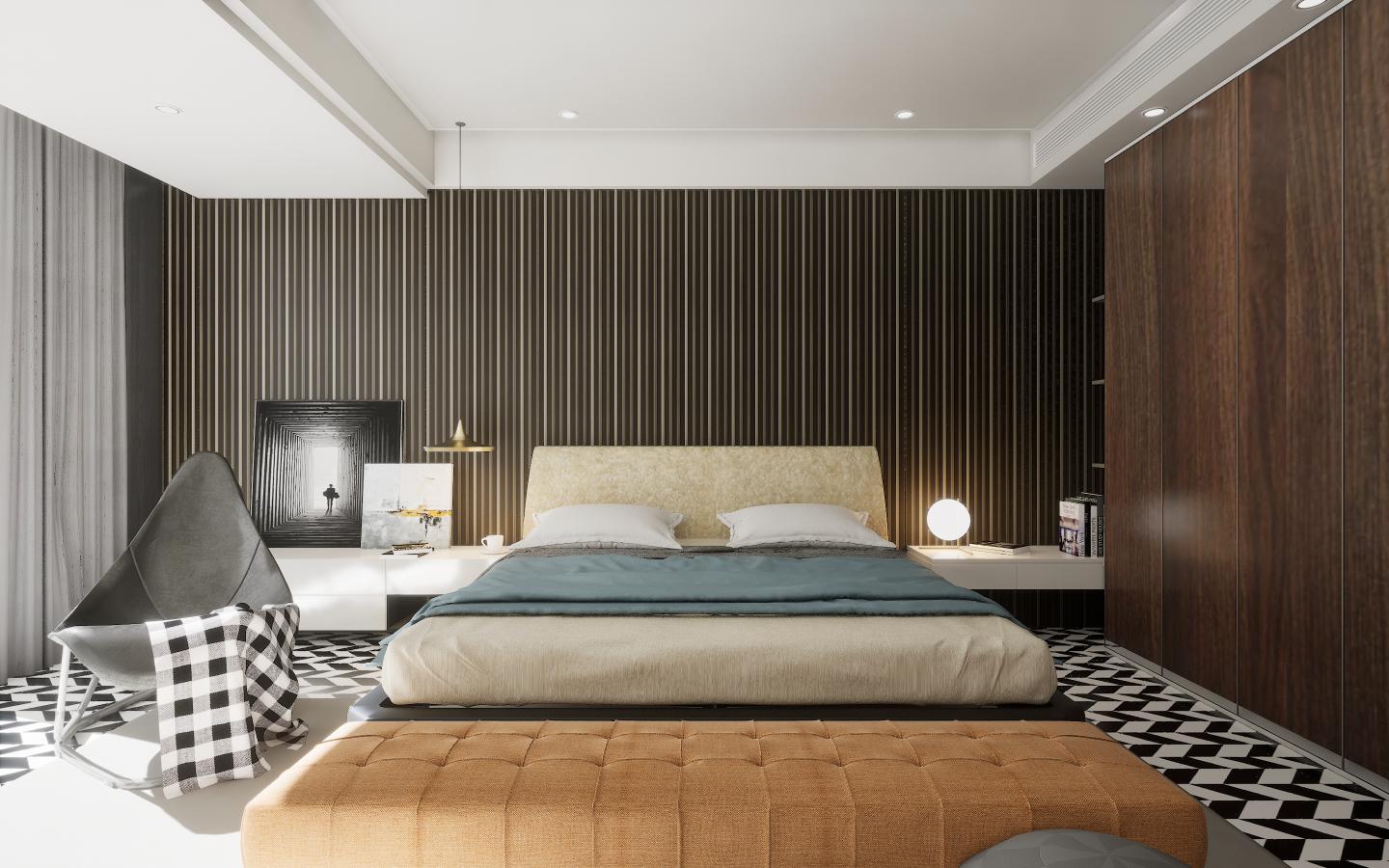 Brown wood laminate wall with vertical stripes and suede finish in modern bedroom interior design setting with furniture and