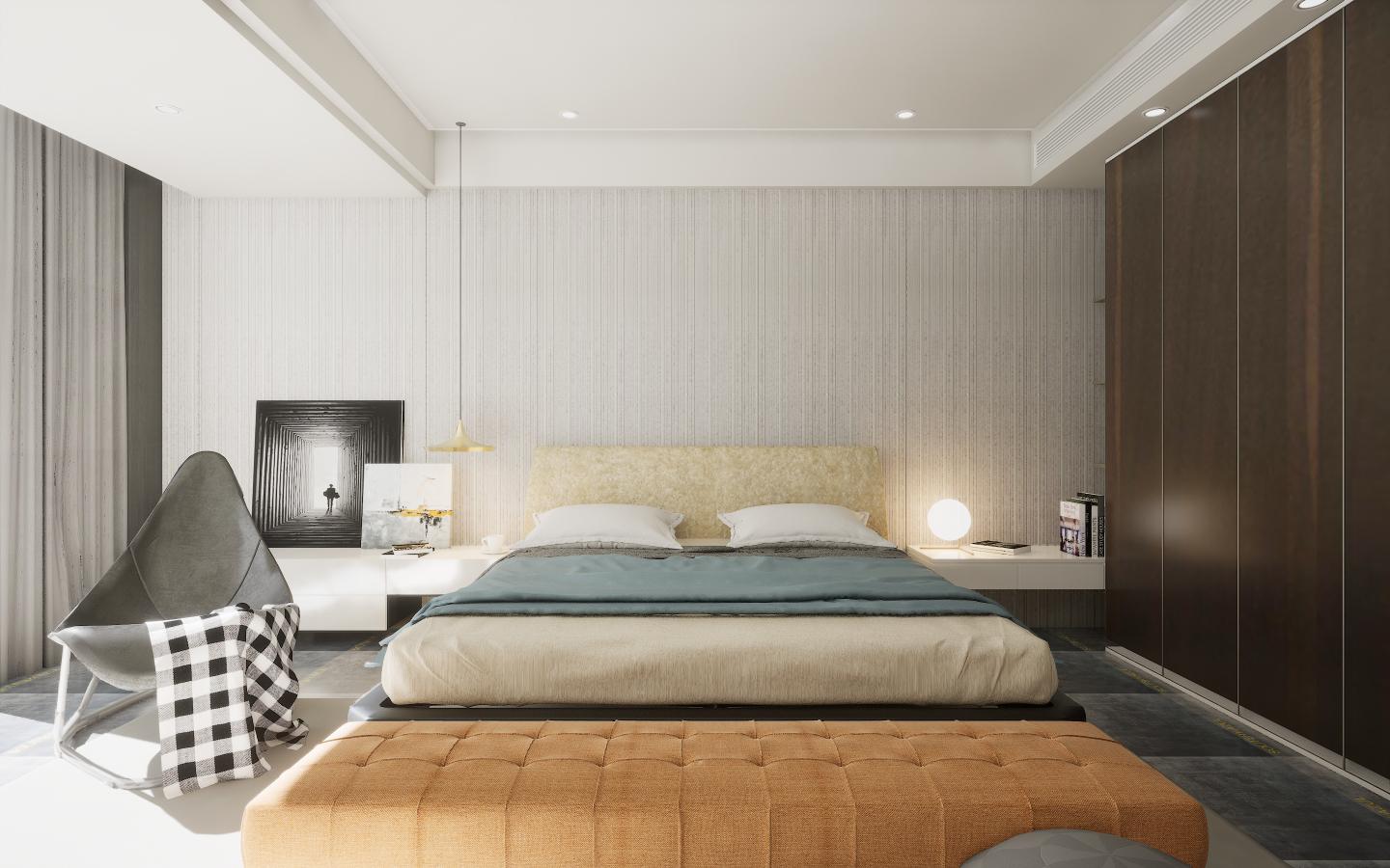 Brown wood laminate with suede finish and wood grain texture on bedroom wall and wardrobe panels