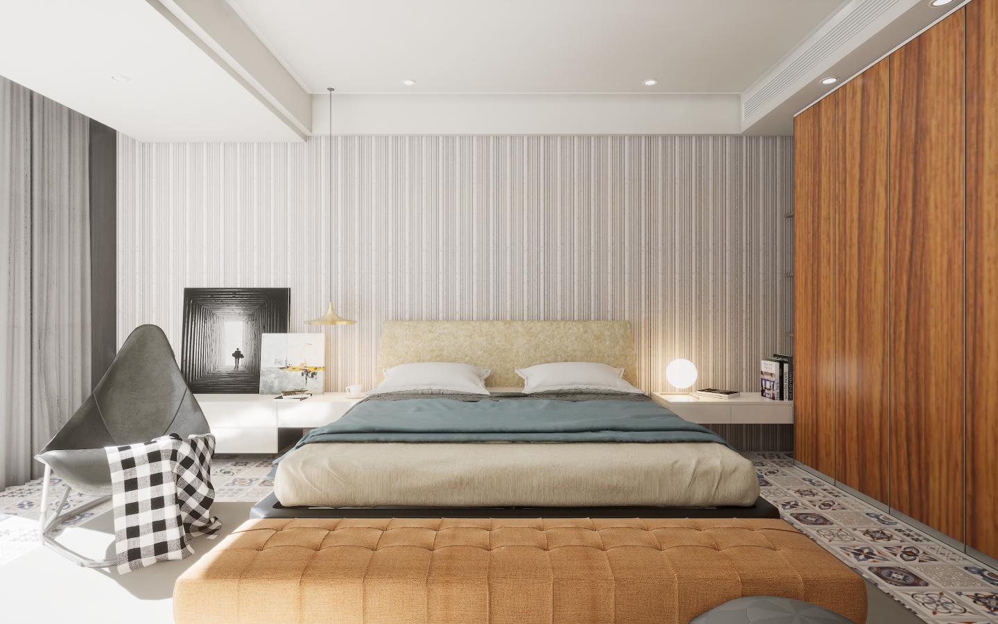 Brown wood laminate with wood grain texture and suede finish used on wardrobe and wall panel in modern bedroom interior