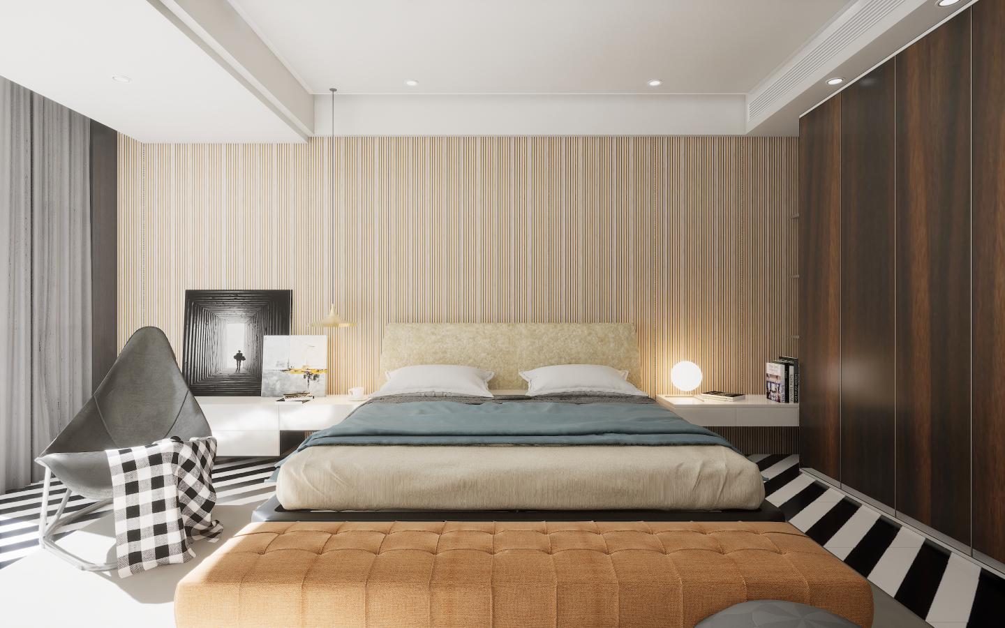 Wenge exotic veneer wood laminate with suede finish and wood grain texture used on wall and wardrobe in modern bedroom
