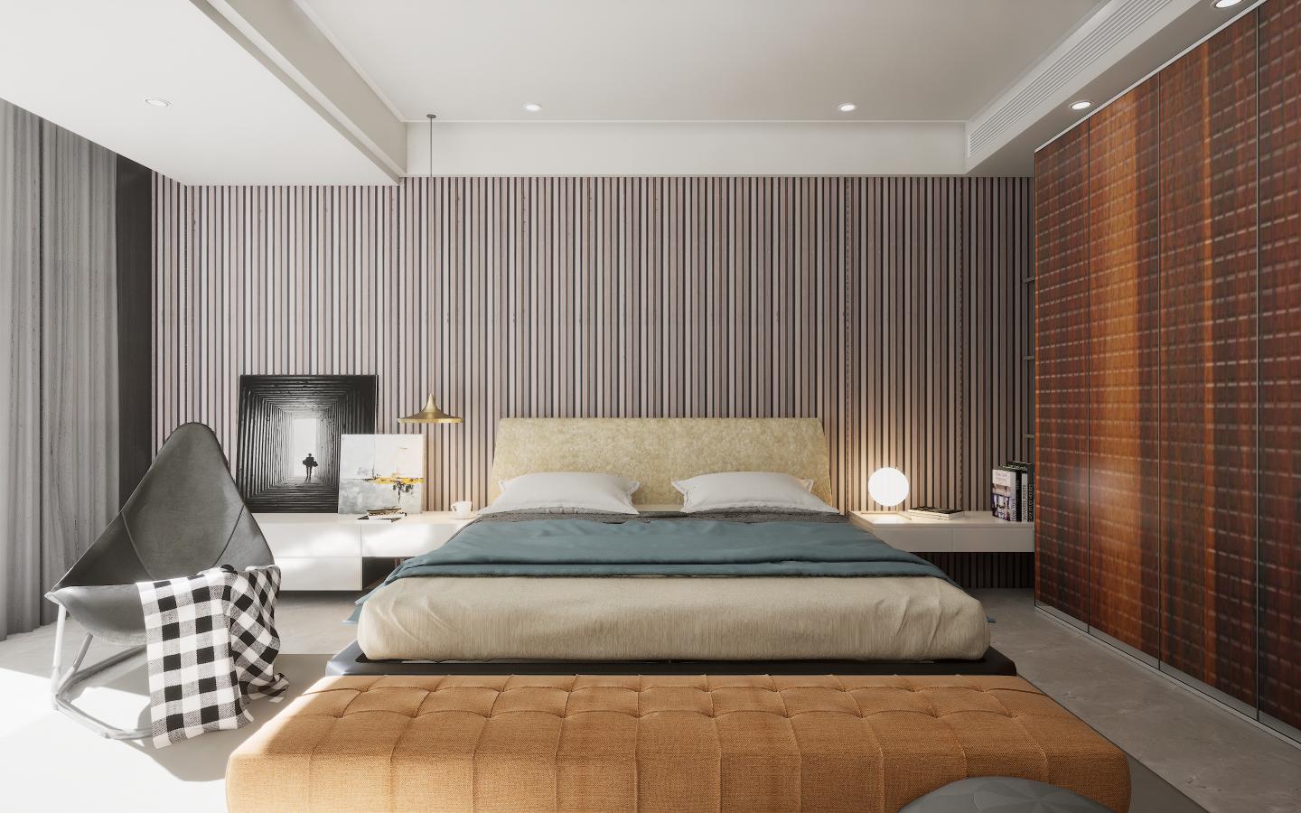 Brown wood laminate with textured finish and wood grain pattern on bedroom wall and closet doors in modern interior design
