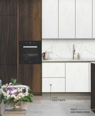 Dark wood laminate texture with visible grain, used in modern kitchen interior with white cabinets and marble backsplash.