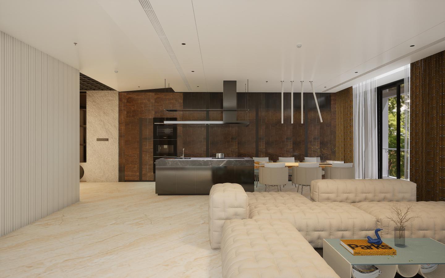 Dark wood laminate wall with texture finish in modern kitchen and living room interior design setting with beige furniture