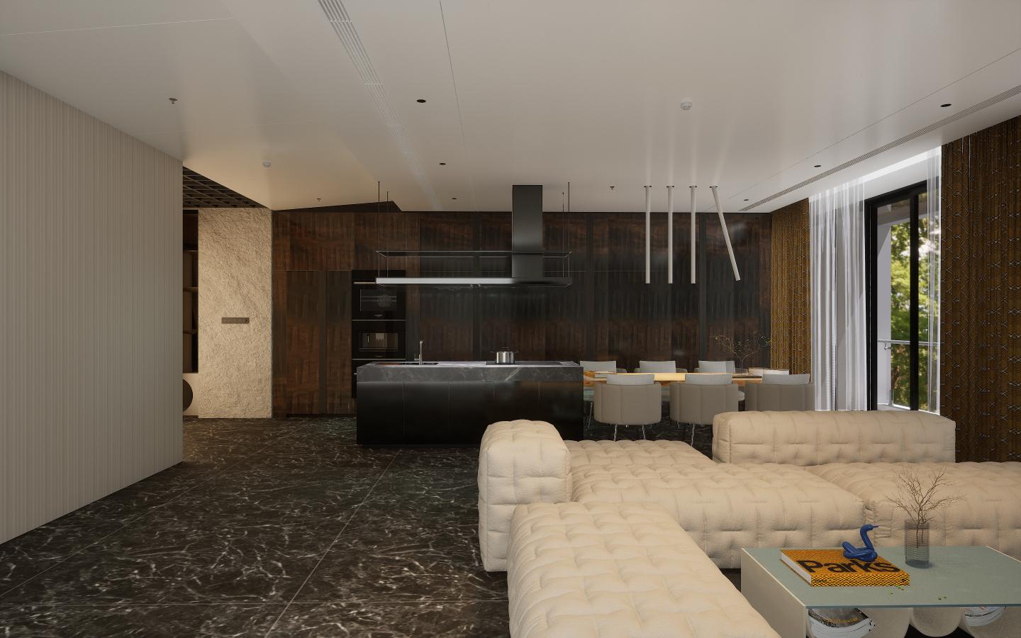 Dark wood laminate wall with textured finish in modern living room with cream furniture and marble flooring.