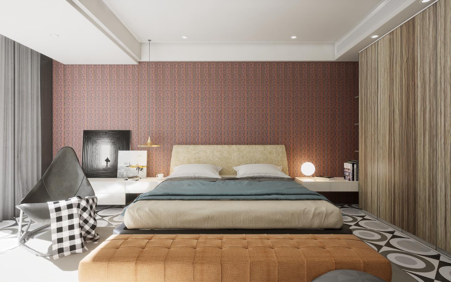 Brown wood laminate with suede finish and wood grain texture on bedroom wall