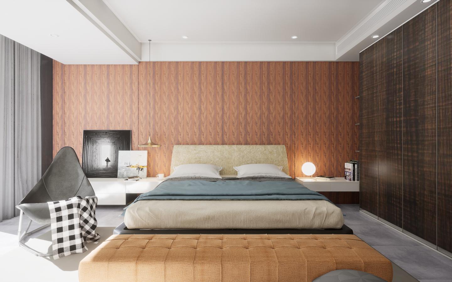 Dark wenge wood laminate wall with vertical grain pattern and suede finish in modern bedroom interior design setting