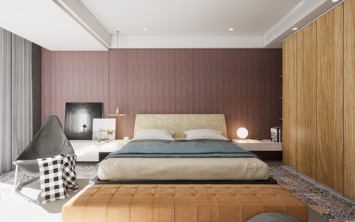 Brown wood grain laminate wall with textured finish in modern bedroom setting with furniture and decor accents