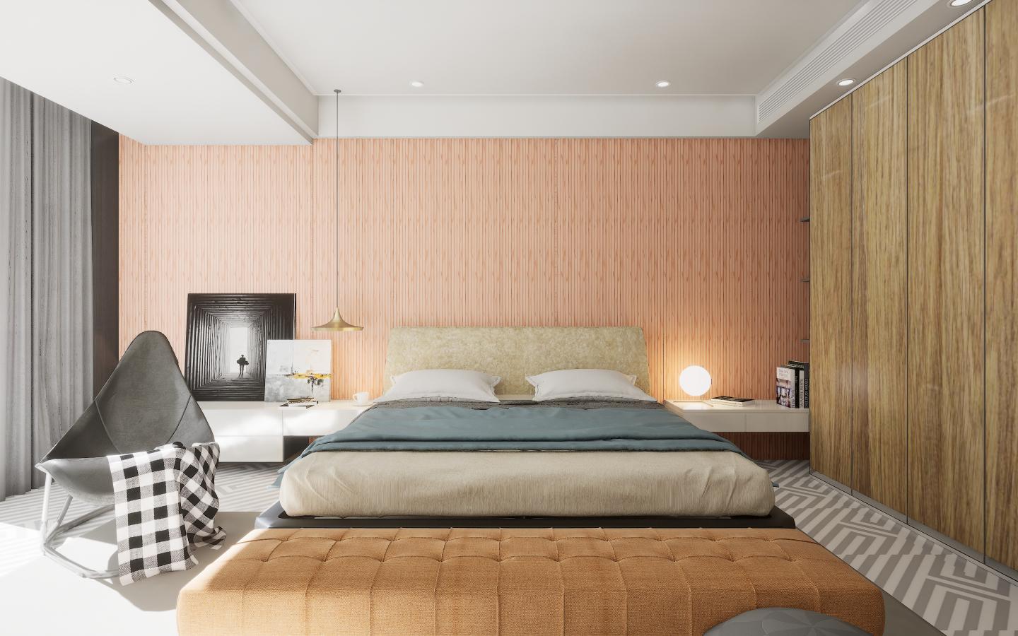 Brown wood laminate wall with textured finish in modern bedroom interior with bed and furniture showcasing its decorative