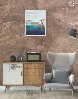 Brown wood grain laminate texture with visible grain, used as wall background in a modern interior setting with furniture
