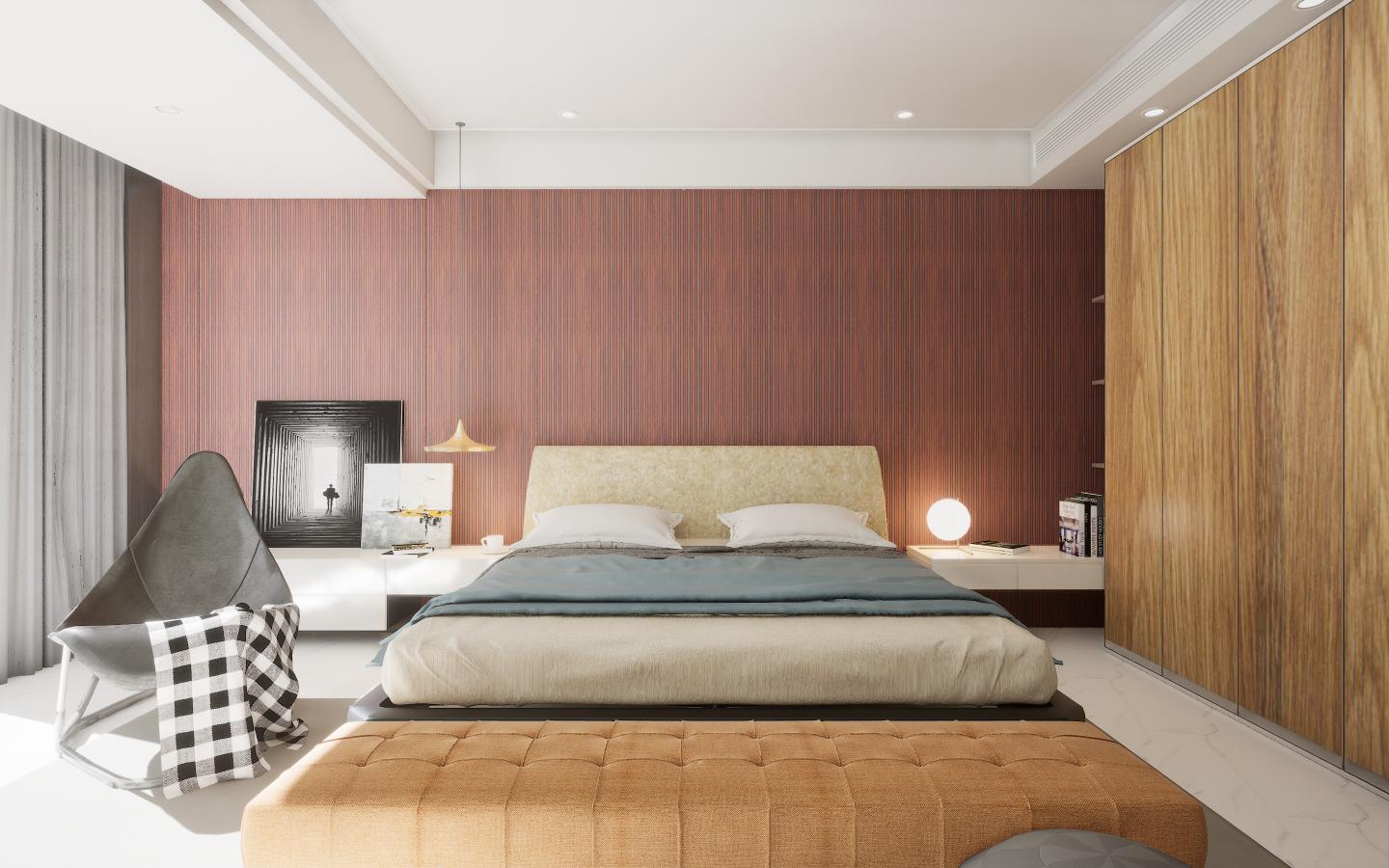 Brown wood grain laminate with textured finish on wall and closet in modern bedroom interior