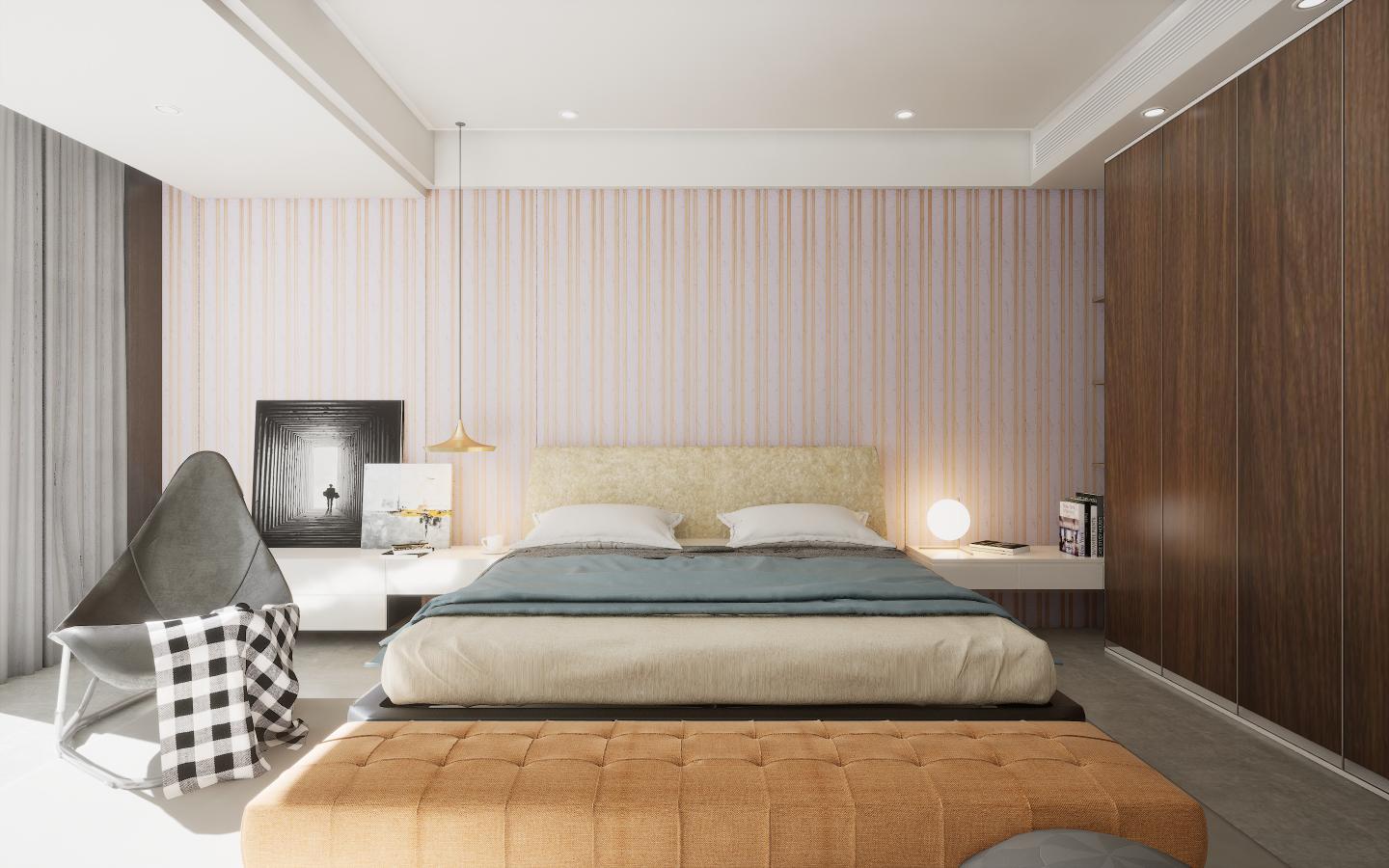 Brown wood laminate with wood grain texture and suede finish, used on bedroom wall and closet doors