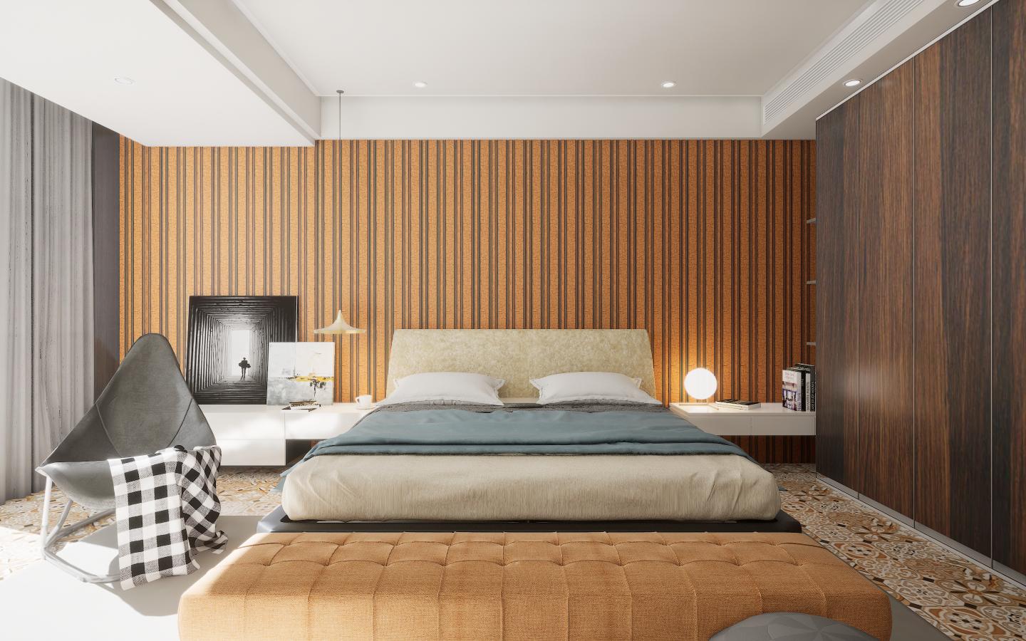 Dark wood laminate with textured finish and wood grain pattern on bedroom wall and closet, creating a modern interior design.
