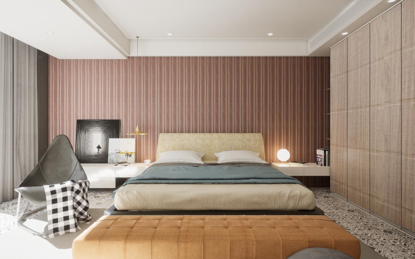 Brown wood laminate wall with striped pattern and textured finish in modern bedroom interior design setting with furniture