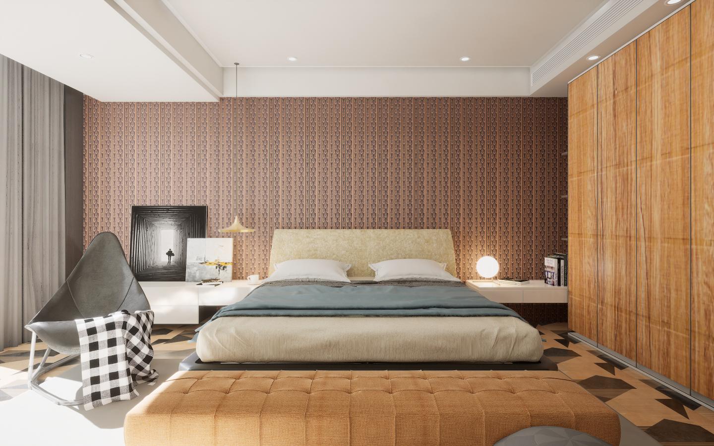 Brown wood laminate wall with textured finish and wood grain pattern in modern bedroom interior design setting