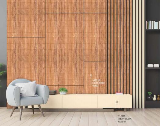 Brown wood grain laminate wall with textured finish and vertical slats, used in modern interior design with furniture and