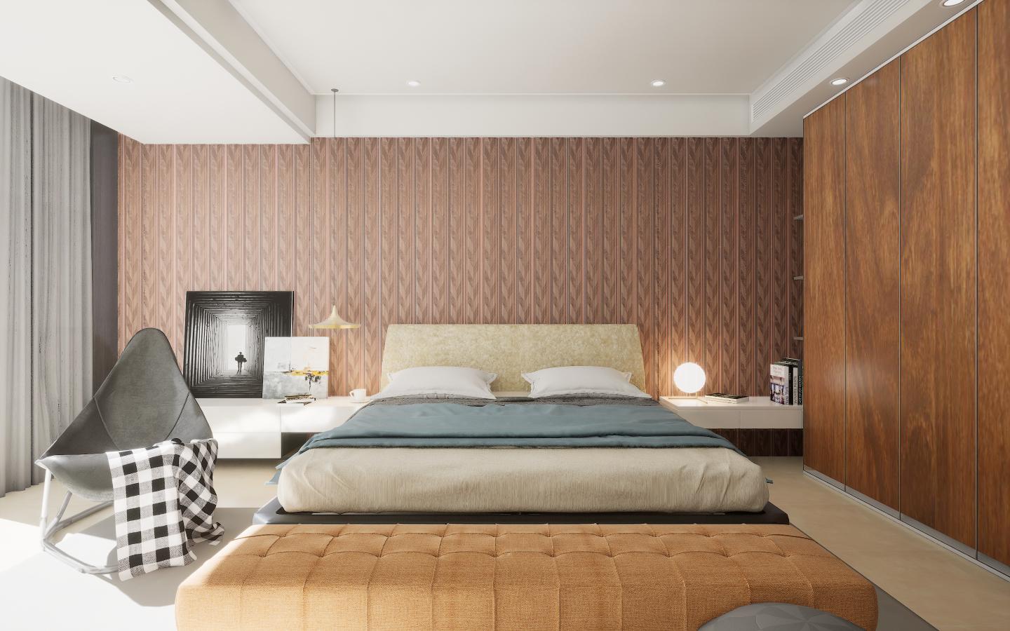 Brown wood laminate wall with wood grain pattern and suede finish in modern bedroom interior design