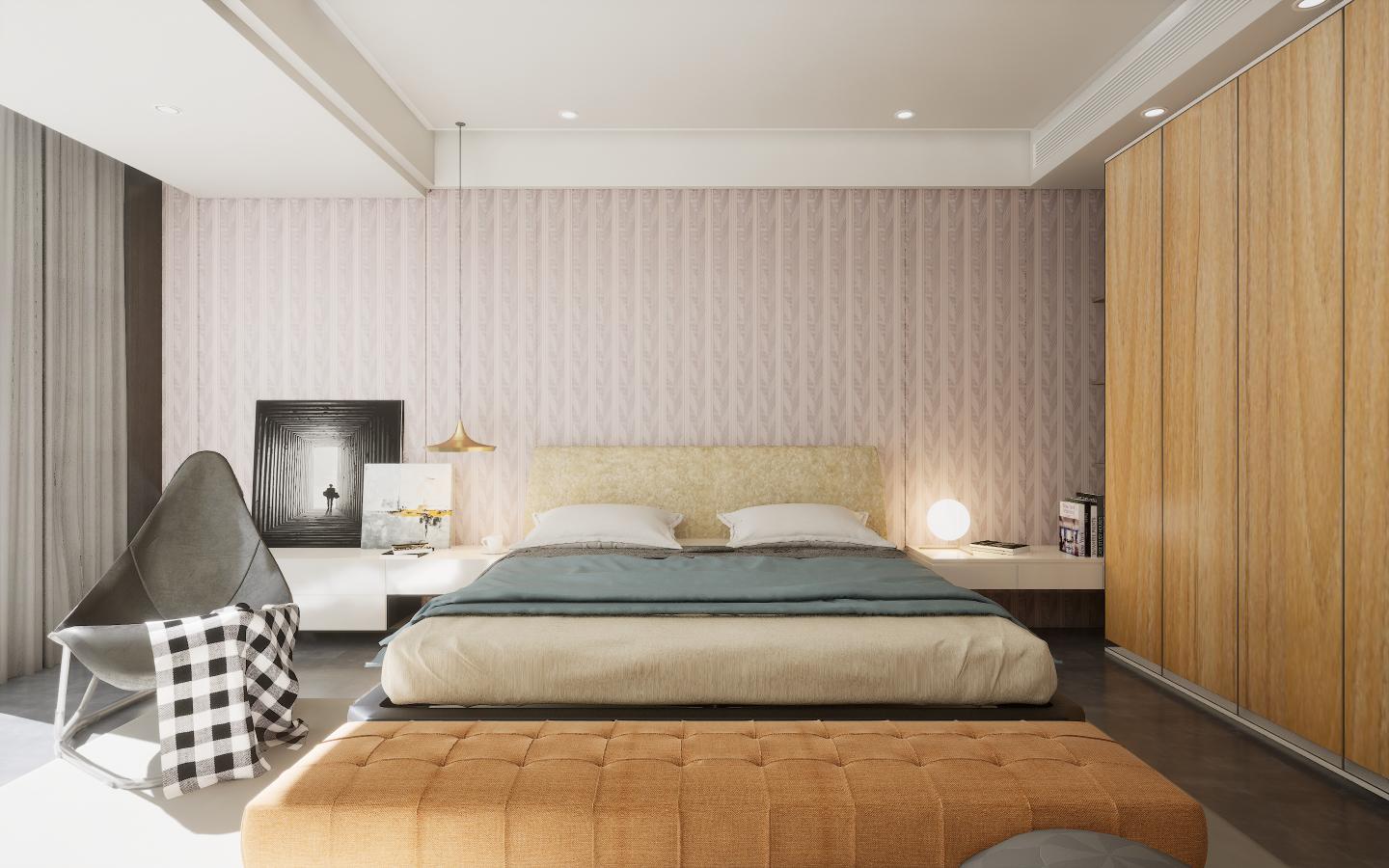 Brown wood laminate texture on wall and closet doors in modern bedroom with furniture and decorative elements