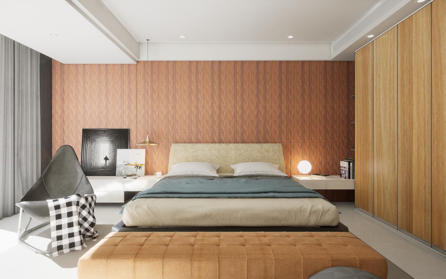 Brown wood grain laminate wall with vertical pattern and subtle texture in a modern bedroom setting with furniture and decor