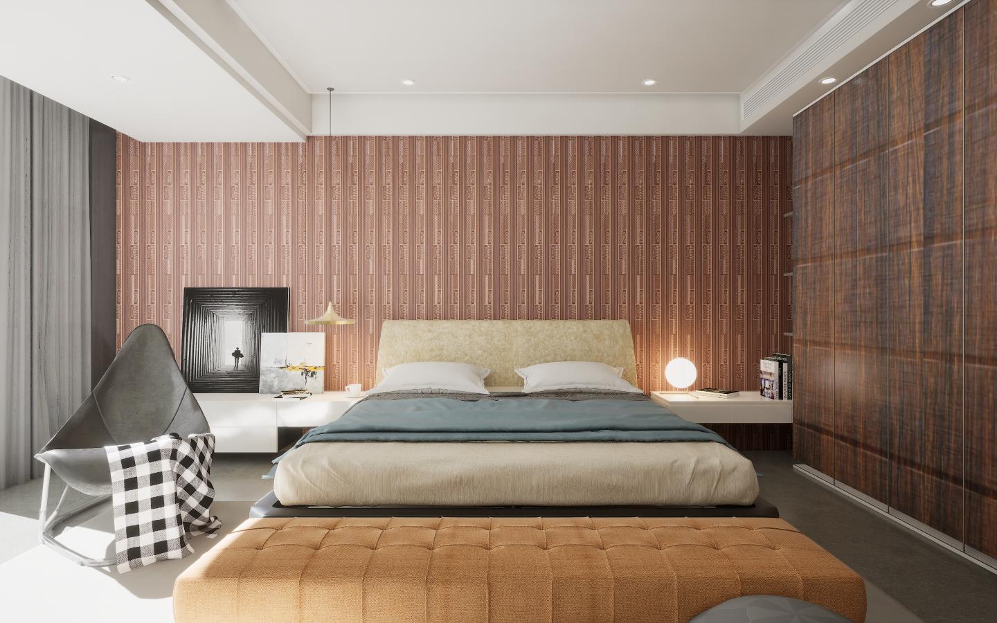 Dark wenge wood laminate with textured finish and wood grain pattern on wall panels in modern bedroom interior