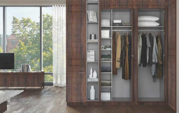Dark wenge wood laminate closet with textured finish and visible wood grain, used in modern bedroom interior design