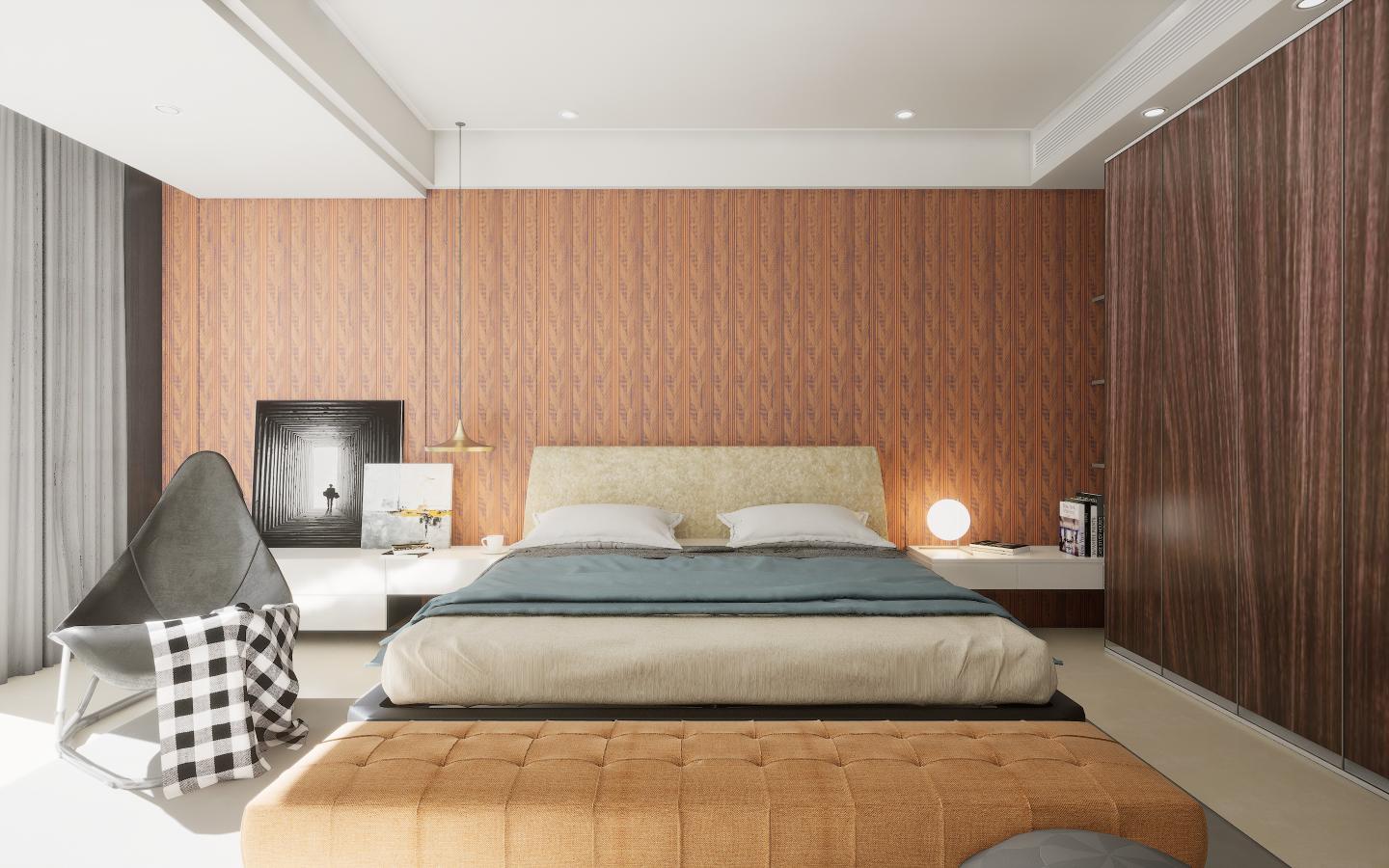 Brown wood laminate wall with textured finish in modern bedroom setting with bed and decorative elements