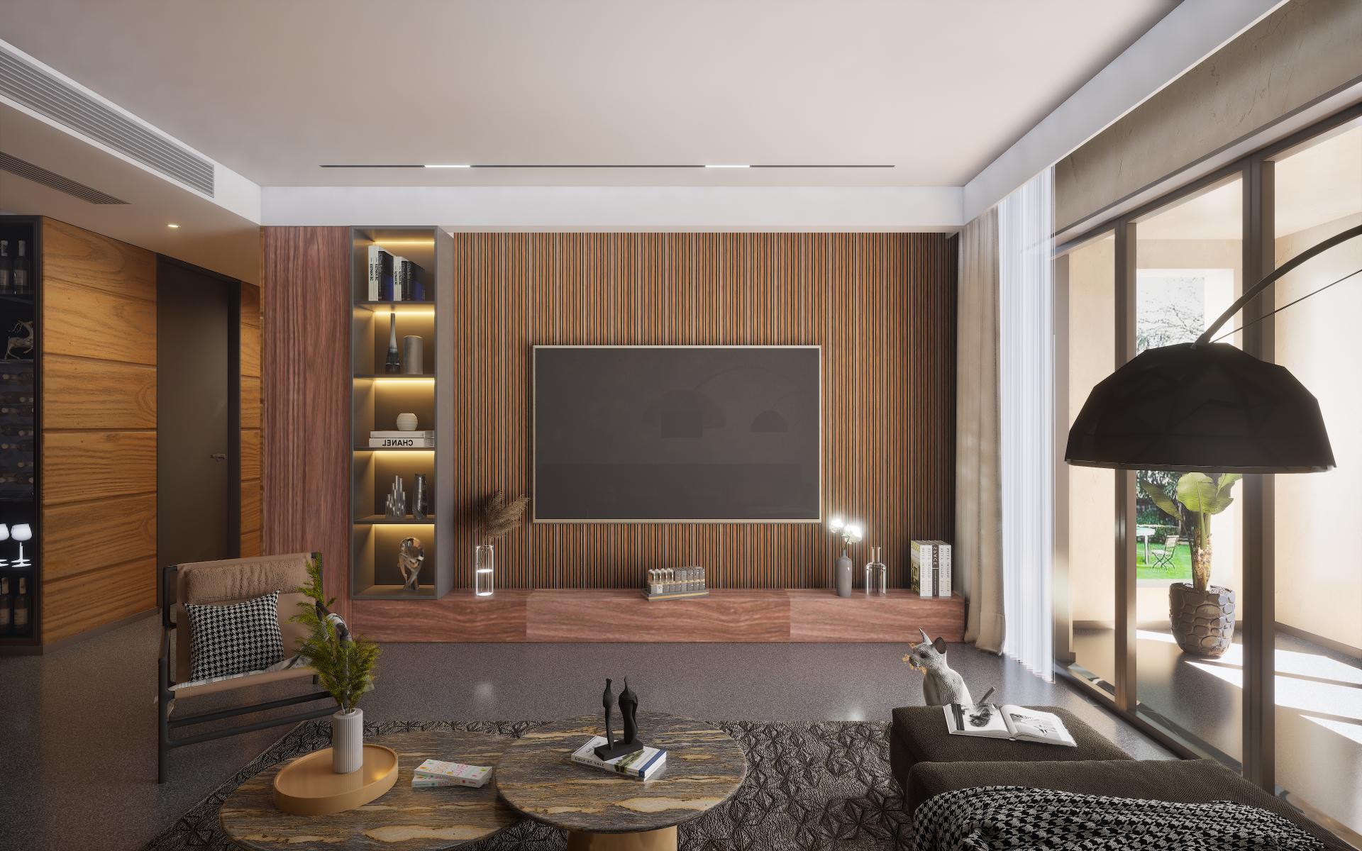 Wenge wood laminate wall with suede finish and wood grain texture in a modern living room interior design setting