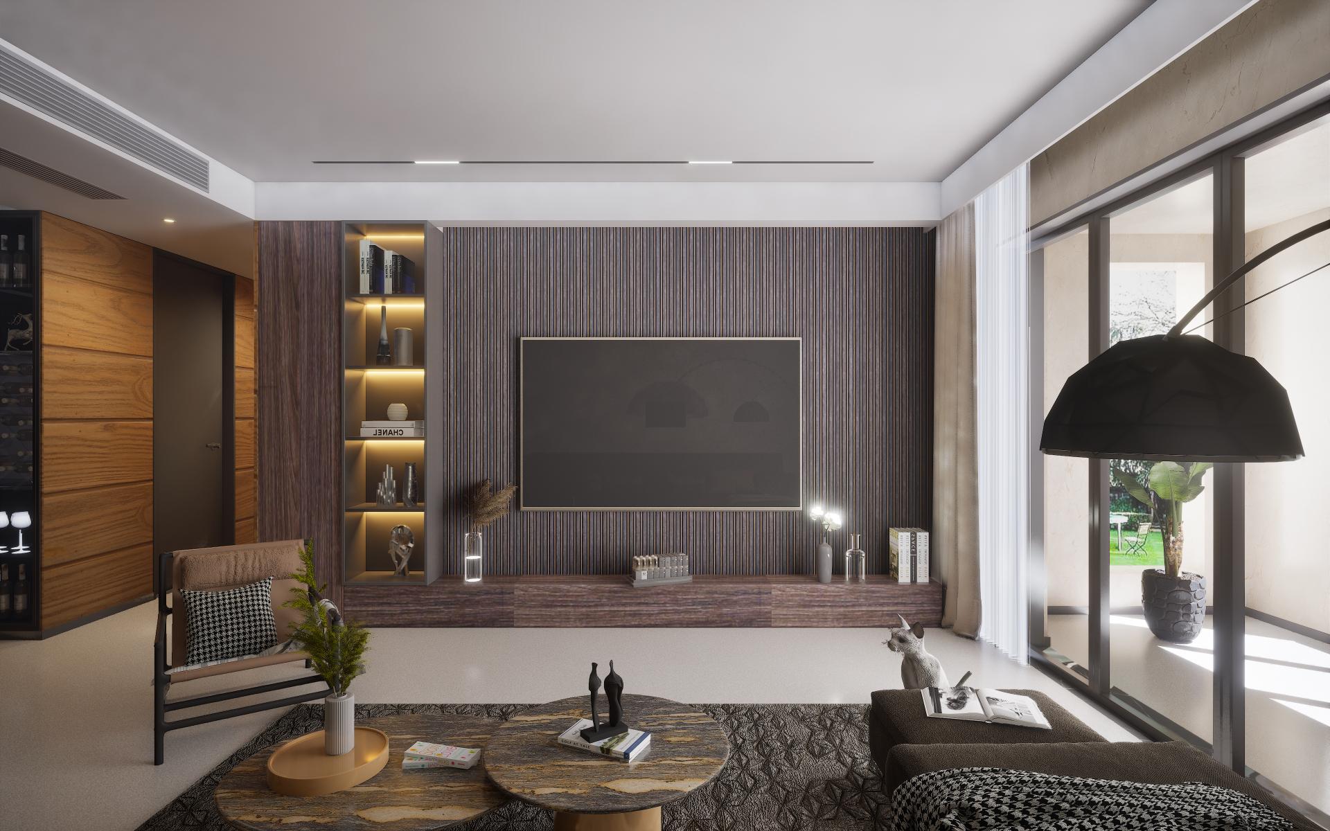Wenge wood laminate wall with textured finish in modern living room interior