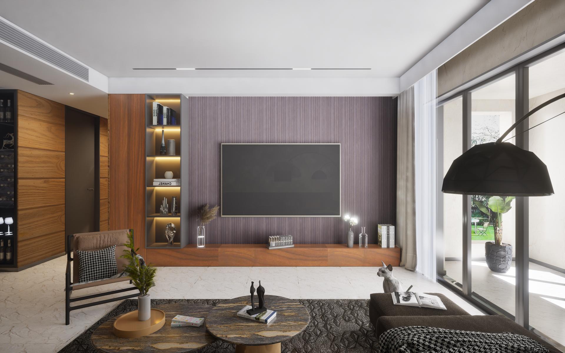 Brown wood laminate wall with suede finish in modern living room interior