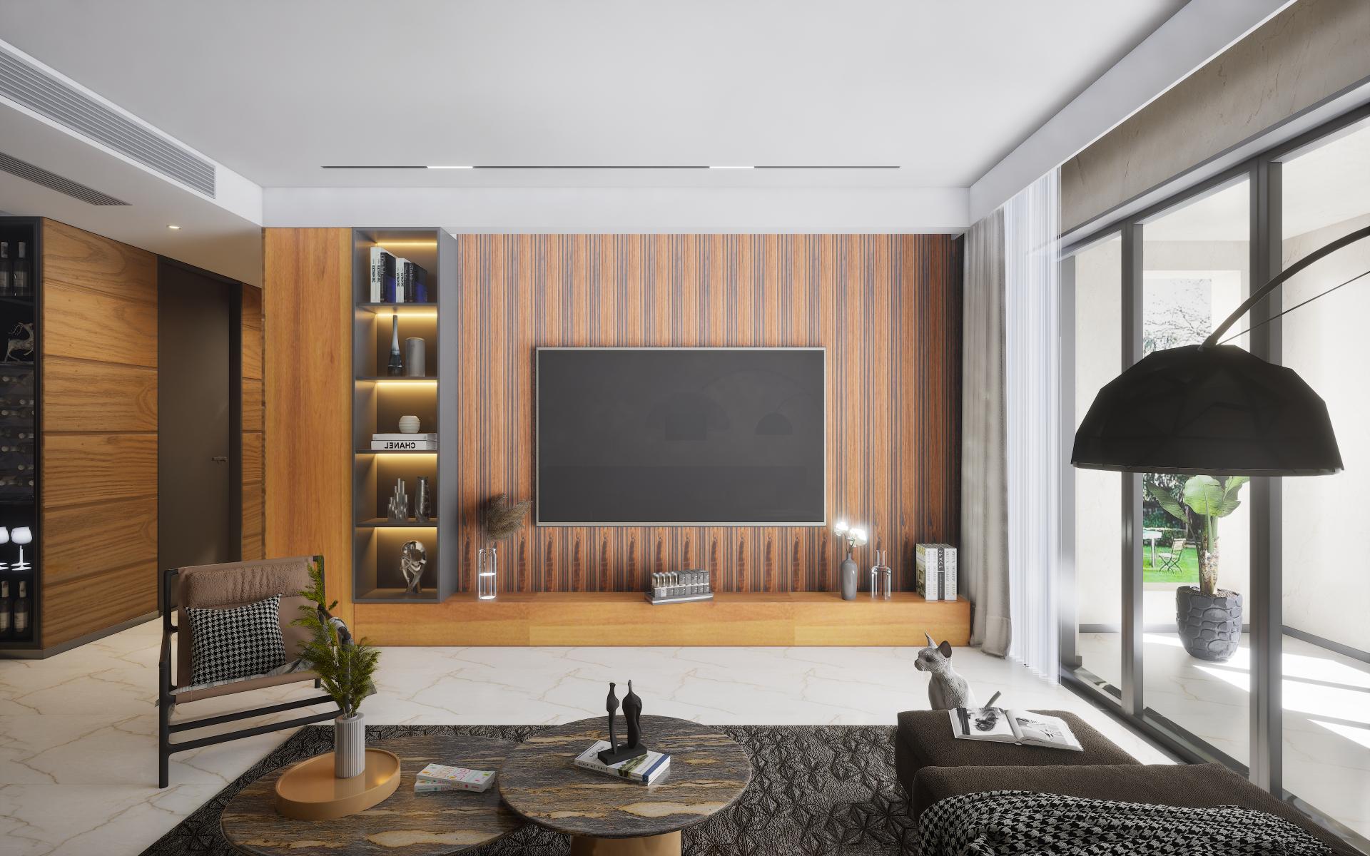 Brown wood laminate wall with striped pattern and texture in modern living room interior