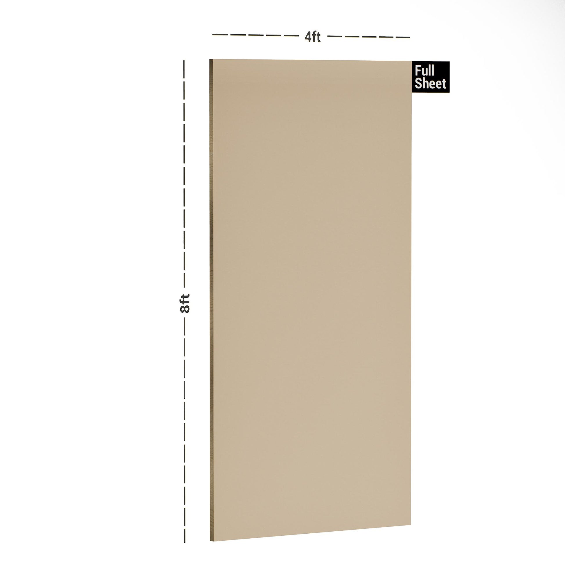 Cream laminate sheet with high gloss finish, plain color, 8x4 ft size visible with dimensions marked alongside.