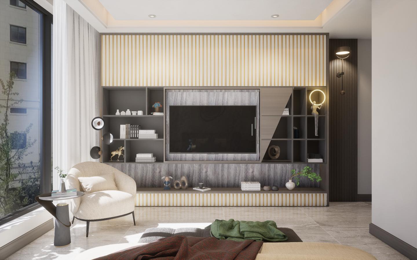 Grey wood laminate with textured finish and wood grain pattern, used in modern living room decor with shelving unit
