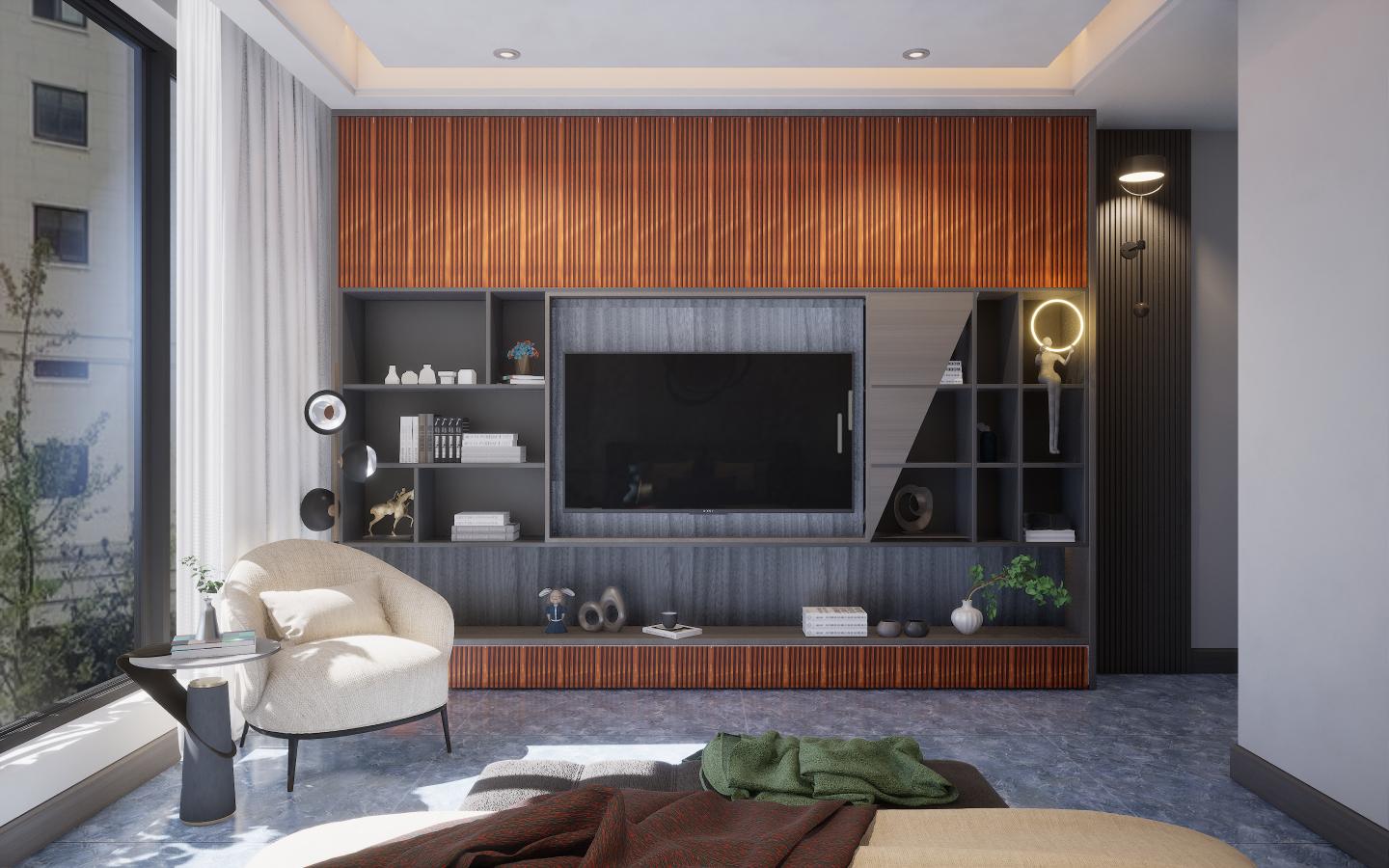Grey wood laminate with suede finish and wood grain texture, used in modern living room wall design and shelving units