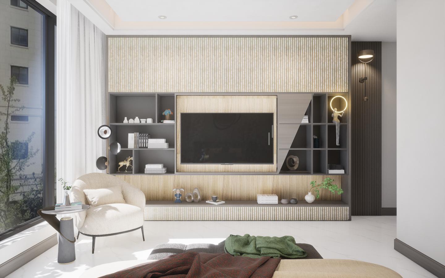 Brown wood laminate with textured finish and wood grain pattern, used in modern living room wall unit and shelving.