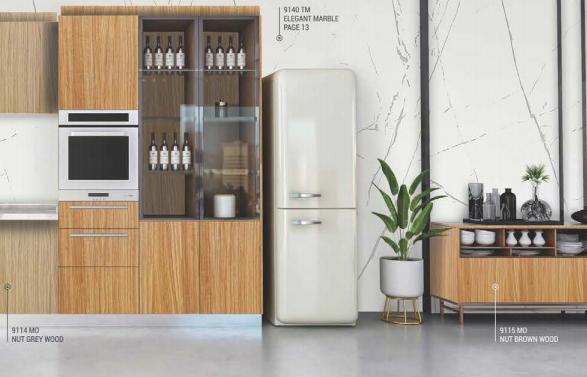 Brown wood laminate kitchen cabinets with textured finish and visible wood grain used in modern interior design setup