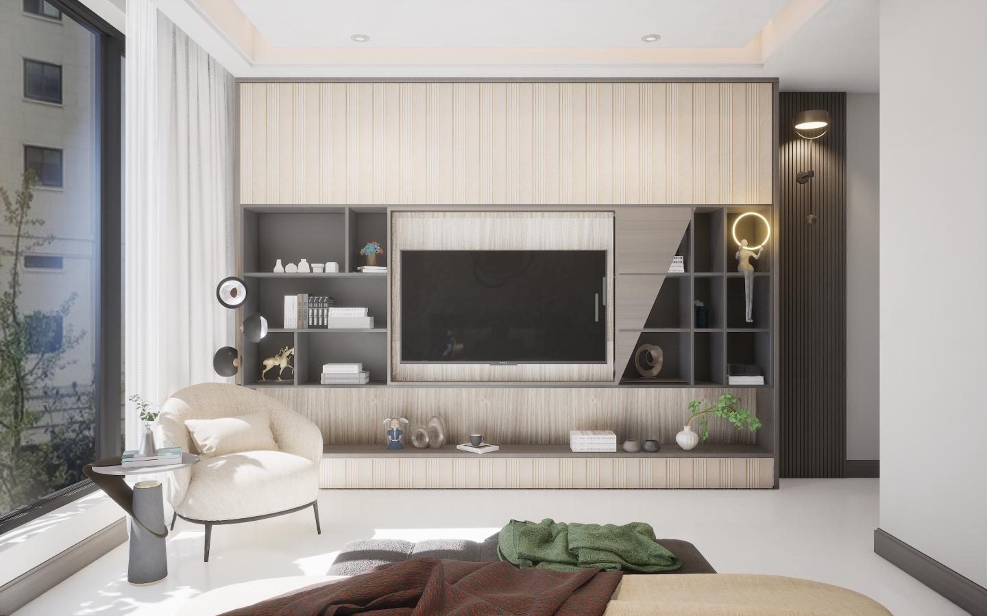 Grey wood laminate with suede finish and wood grain texture used in modern bedroom wall unit and shelving.