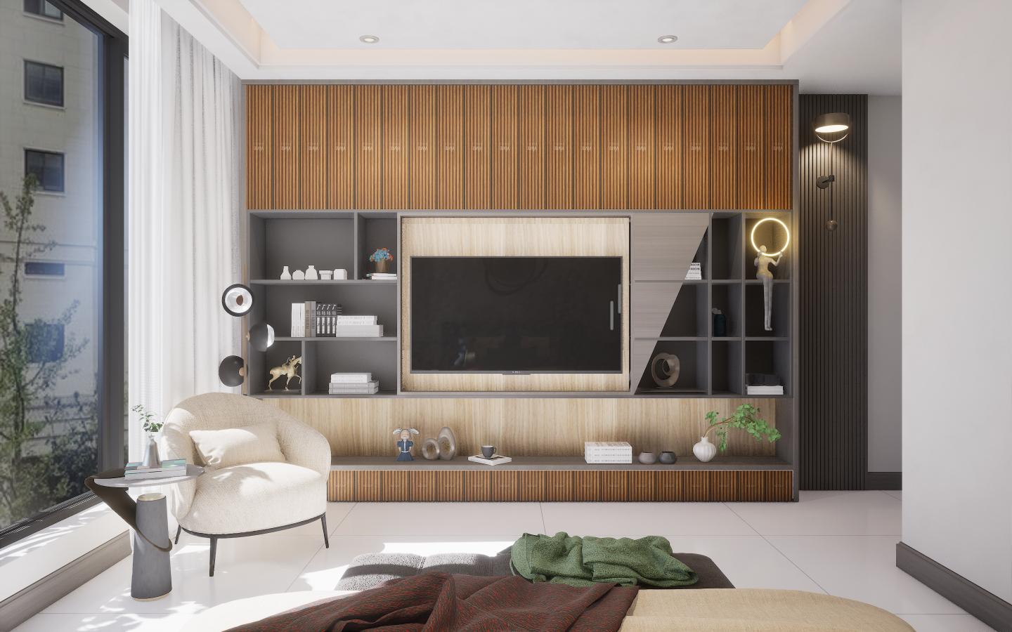 Brown wood grain laminate wall panel with textured finish in modern living room interior design setting