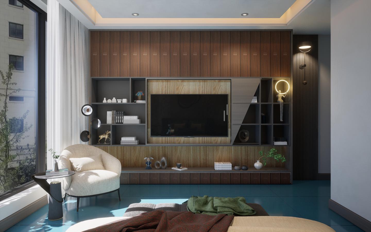 Brown wood laminate wall with suede finish and wood grain texture in modern bedroom interior design setting.