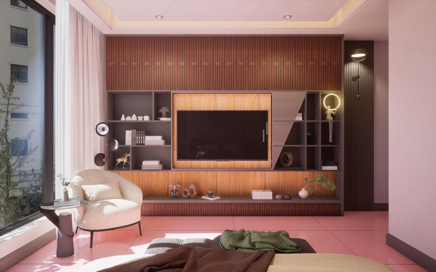 Brown wood laminate wall paneling with textured finish and vertical grain pattern in a modern living room setting