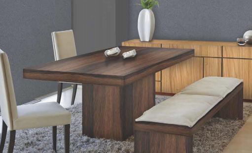 Brown wood grain laminate table and bench with textured finish in a modern dining setting with beige upholstered chairs