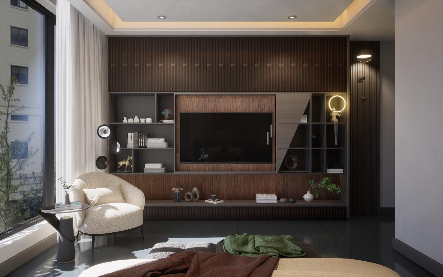 Brown wood laminate wall with suede finish and wood grain texture in modern living room interior design setting