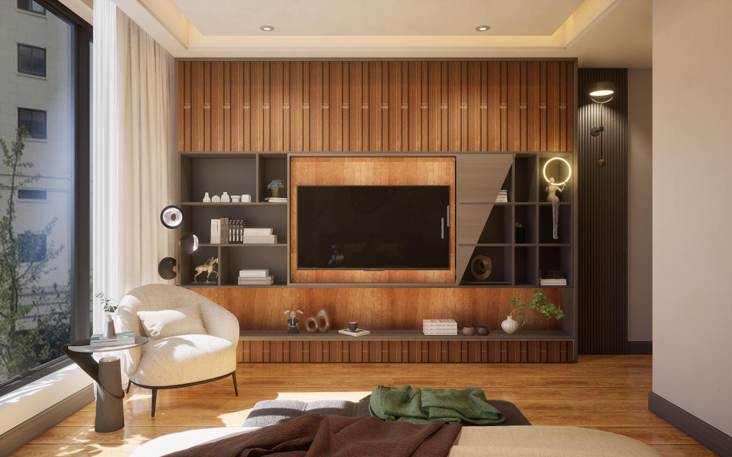 Brown wood laminate wall with vertical grain texture and suede finish in modern living room interior design setting