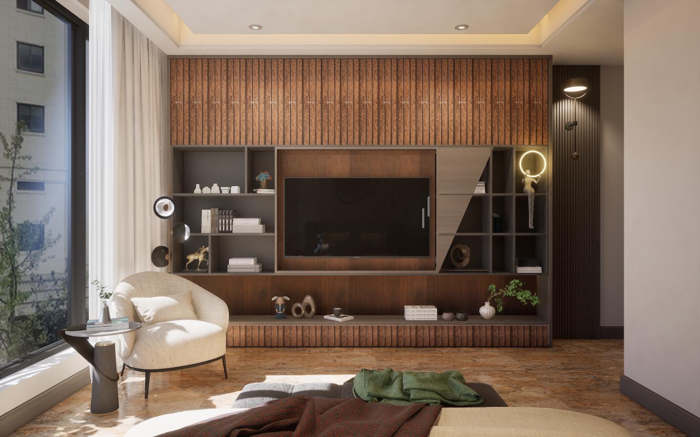 Brown wood laminate wall paneling with vertical wood grain texture and suede finish in a modern living room setting