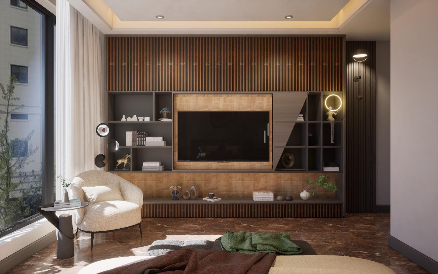 Brown wood laminate wall with textured finish and vertical wood grain pattern in modern living room interior design