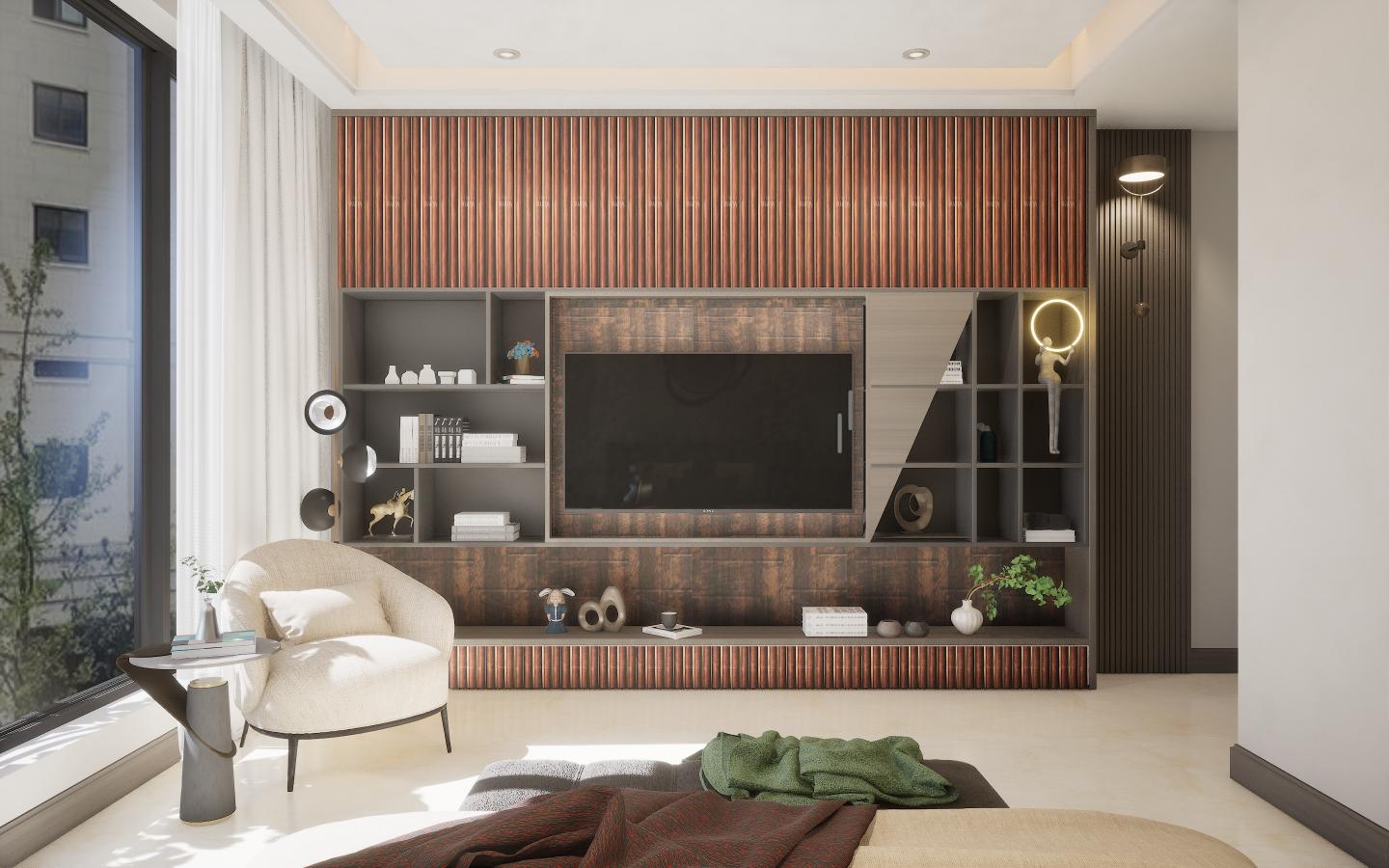 Wenge wood laminate with textured finish and wood grain pattern used on wall panels in modern living room interior
