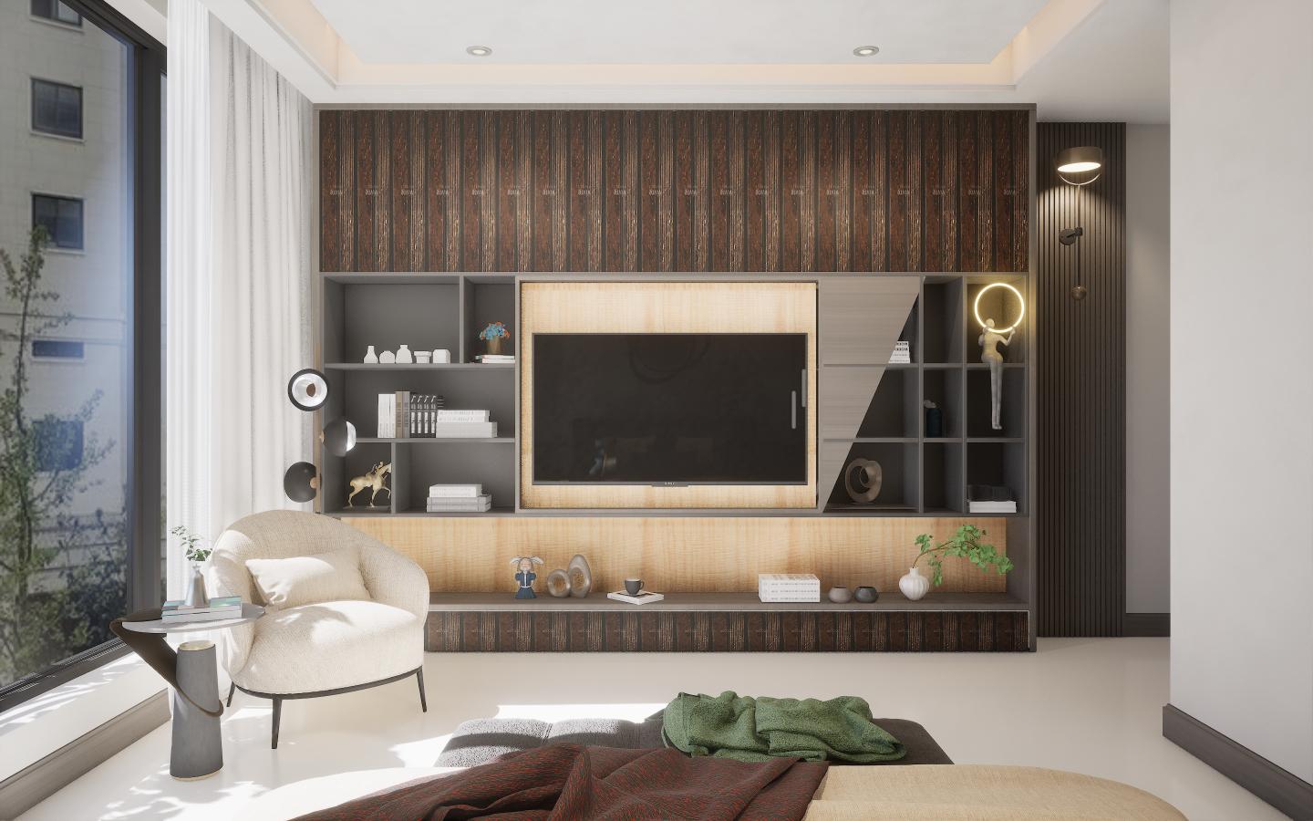 Brown wood laminate wall with textured finish and vertical grain pattern in a modern living room setting with shelving unit