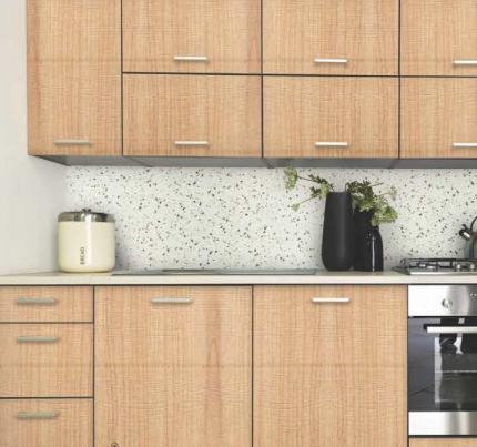 Brown wood laminate kitchen cabinets with textured finish and silver handles, showcasing wood grain pattern and modern