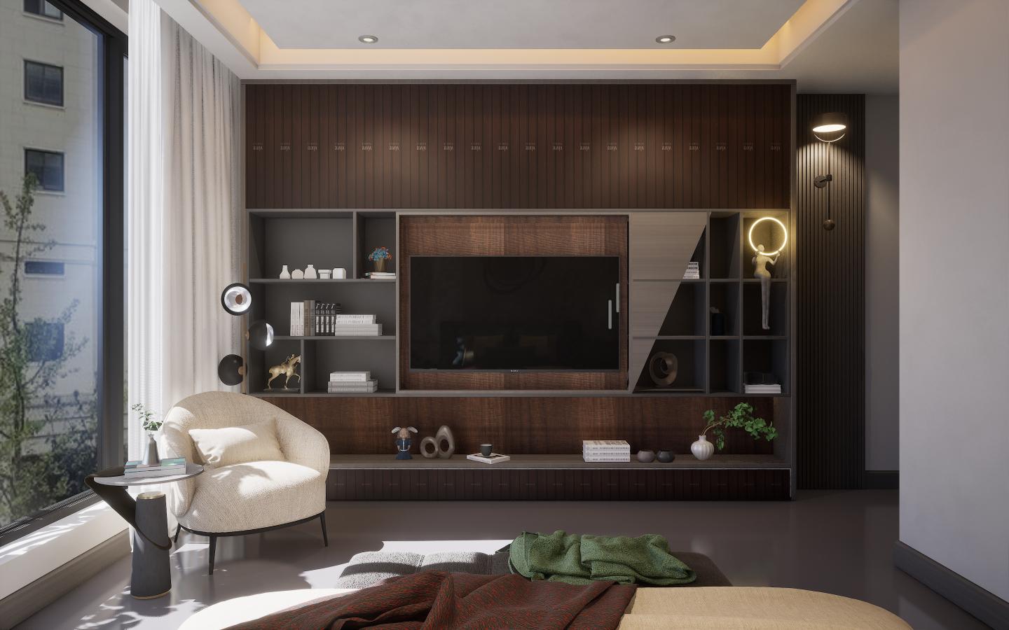 Brown wood laminate wall panel with textured finish in modern living room setting with TV unit and decorative elements