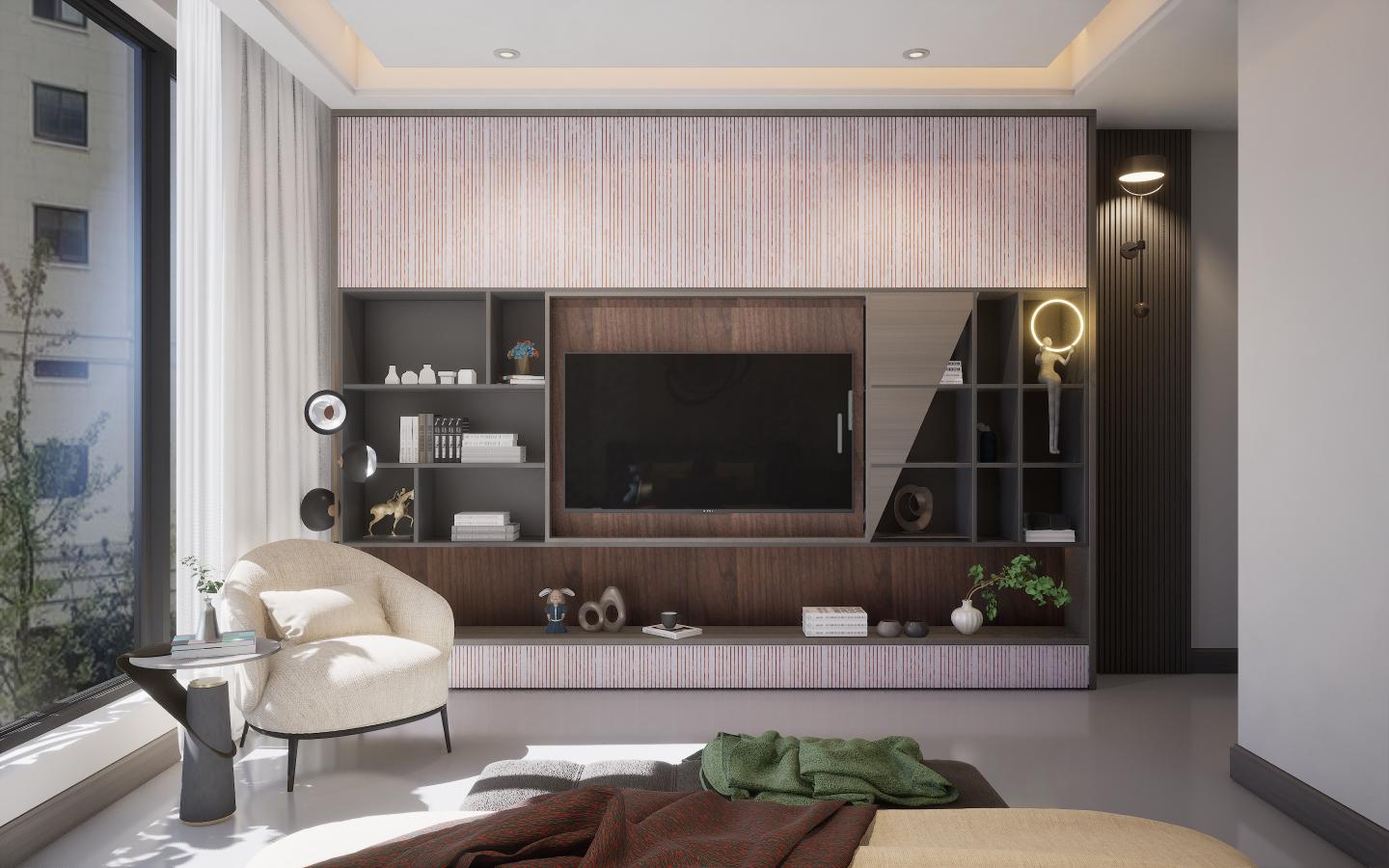 Brown wood laminate with wood grain texture and suede finish used in modern living room wall unit and shelving.